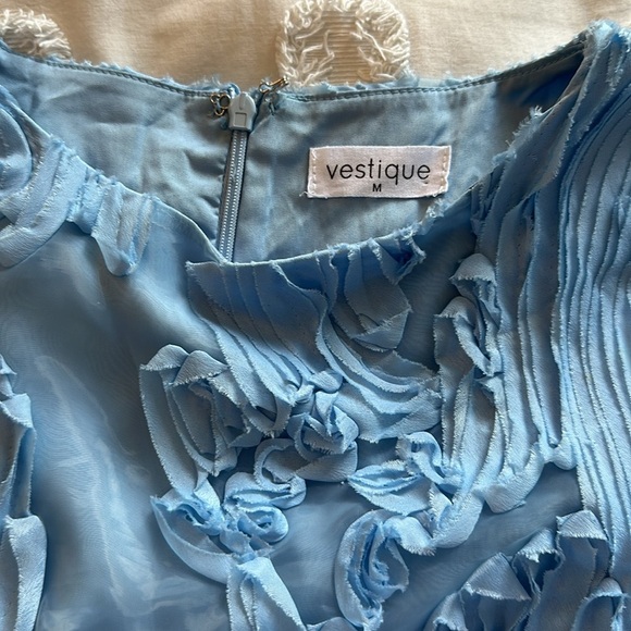 Vestique puff sleeve Mini Dress Layered Appliqué Organza In Baby Blue medium - Picture 5 of 7